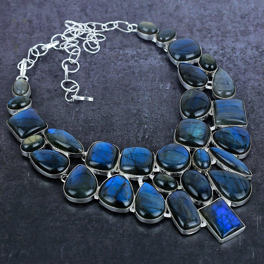 Natural Labradorite Gemstone 925 Sterling Silver Jewelry Necklace 18" ETC-9482