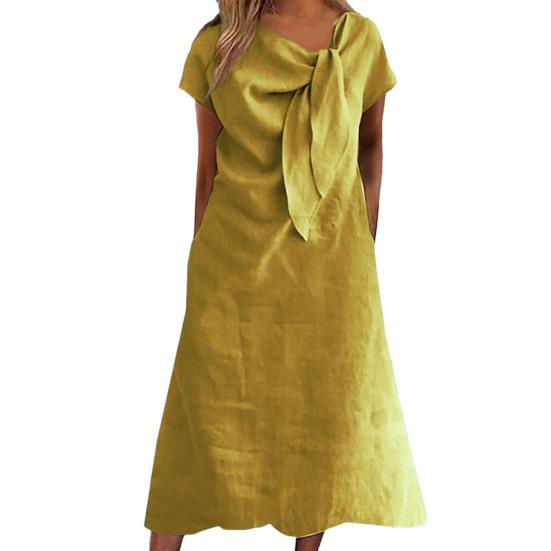 Women Midi Dress Decorated Collar Straps Short Sleeve Dress Solid Color Loose Fit Summer Casual Dress