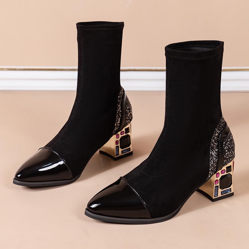 Fashion 2024 Autumn/Winter New Coarse Heel Short Boots with Pointed Water Diamond Simple Casual Women's Boots Fashion Boots