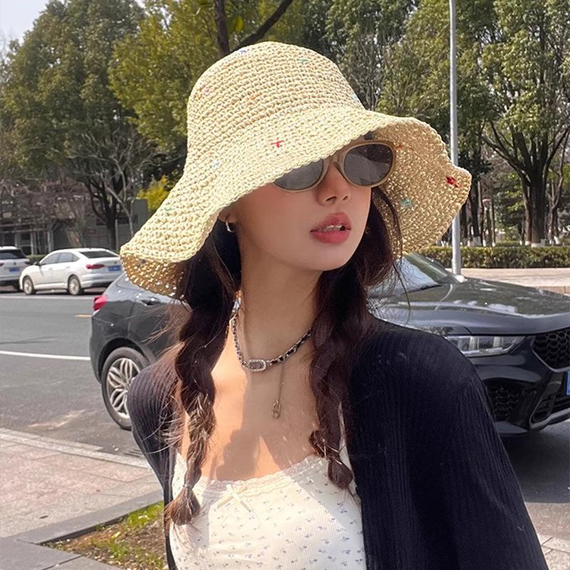 Summer UV Proof Large Hat Brim Beach Vacation Beach Straw Hat Colorful Stars Weaving Fisherman Hat Fisherman Hat