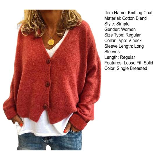 Women Sweater Coat V-Neck Long Sleeve Single Breasted Knitting Sweater Solid Color Loose Fit Sweater Cardigan