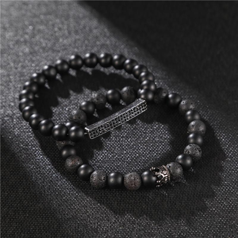 Black Frosted Stone Lava Stone Crown Long Stretch Bracelet Bracelet Set
