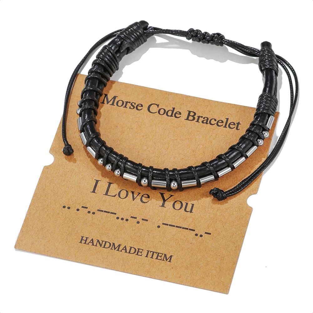 Morse Code Leather Bracelet With Stainless Steel Charms For Couples And Gift Giving