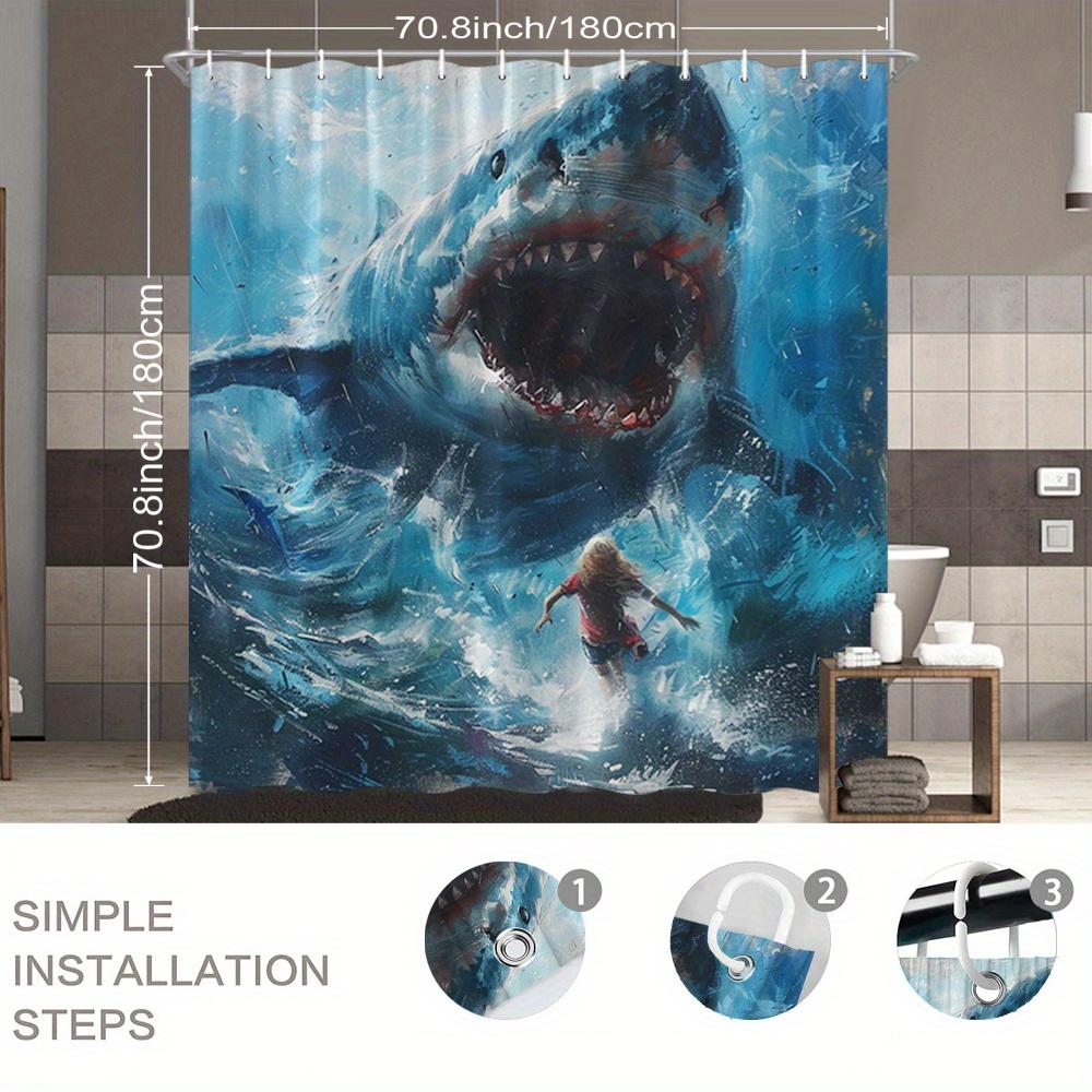 Shark Attack Shower Curtain Great White Shark Art Underwater Scene Polyester Bath Curtain With Hooks For Horror Ocean Decor