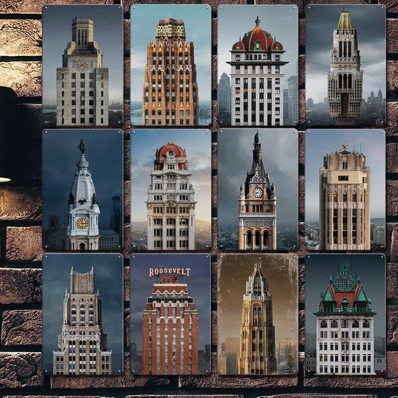 Wunderschöne Stadt Wahrzeichen Retro Poster Paris Dubai Gebäudeansicht Metall Blechschild Wohnzimmer Schlafzimmer Zuhause Dekorative Kunst Malerei