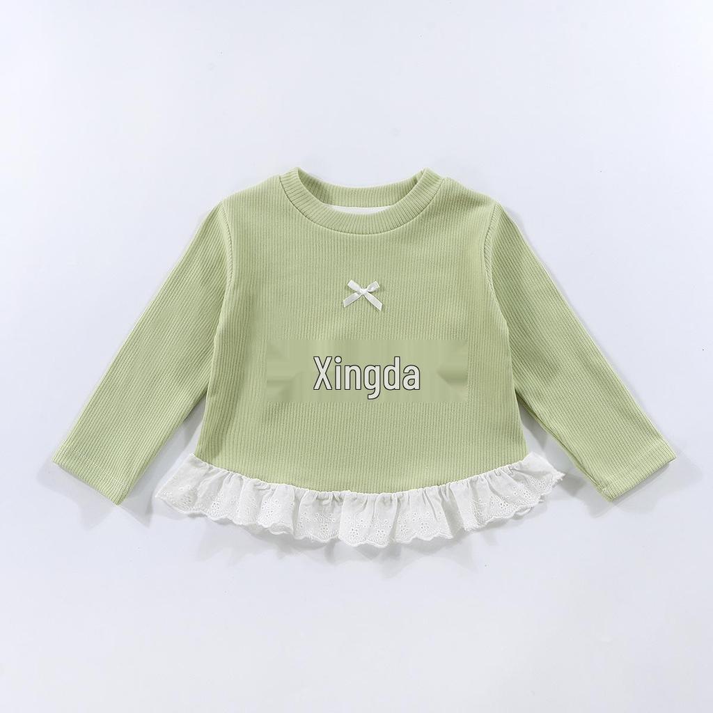 Top de Manga Larga con Encaje y Lazo para Niñas – Estilo Coreano Cuello Redondo Ropa Exterior