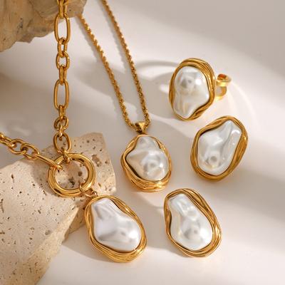 Stainless Steel Pearl Necklace Pendant, High-end and Exaggerated Small-sized Stud Earrings, Titanium Steel Ring