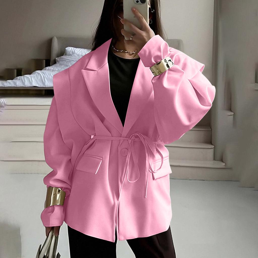Women's V-Neck Loose Fit Tie Waist Jacket for Fall - Flattering Coat for Casual Daily Wear