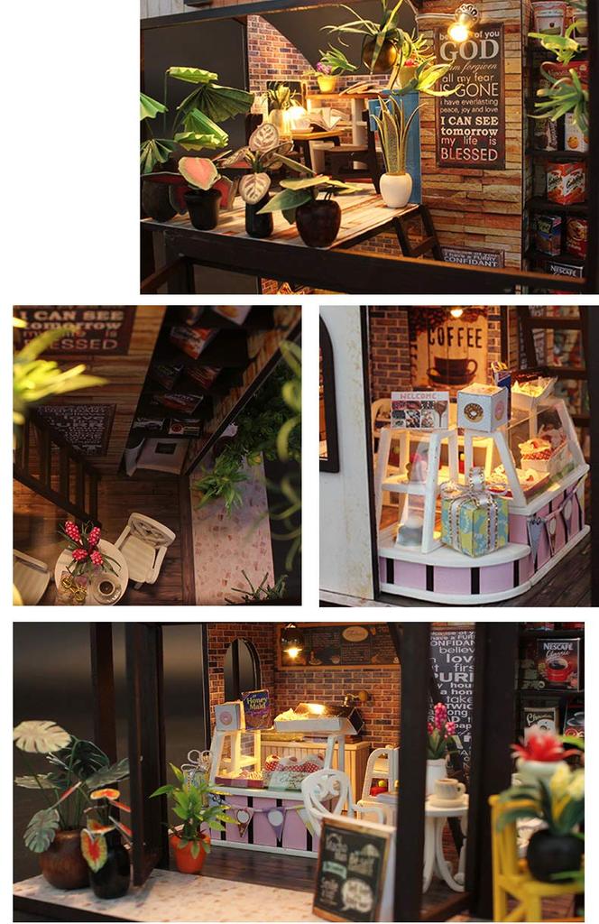 Moin Moin Dollhouse Miniature DIY Kit Set: Coffee Shop with Plants | Two-Story Modern | Medium | LED Light Included (2004DH152)