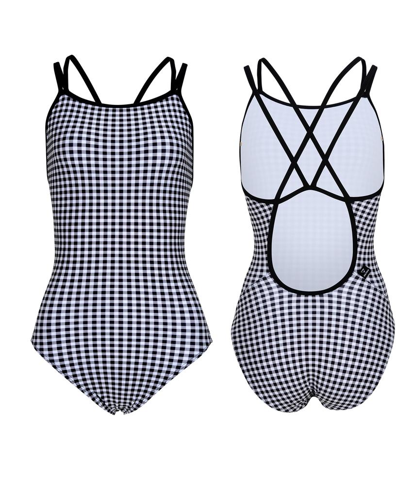 Jeteseu Women'S Double Strap Crossbody One-Piece Swimsuit Pure Check Black L9A6003