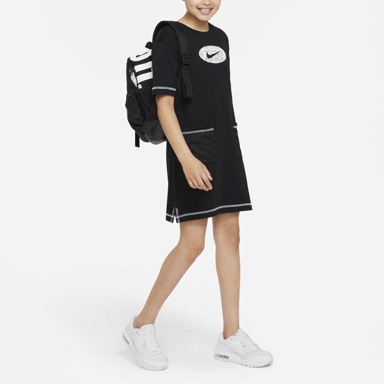 Nike Kids Dress Logo Print Round Neck Short Sleeve Kids Dresses Black DO7168-010