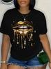 With Golden Lips Diamond Graphic Print Women's T-shirt Casual Round Neck Black Fitted Short Sleeve T-Shirt Summer Top Clothes