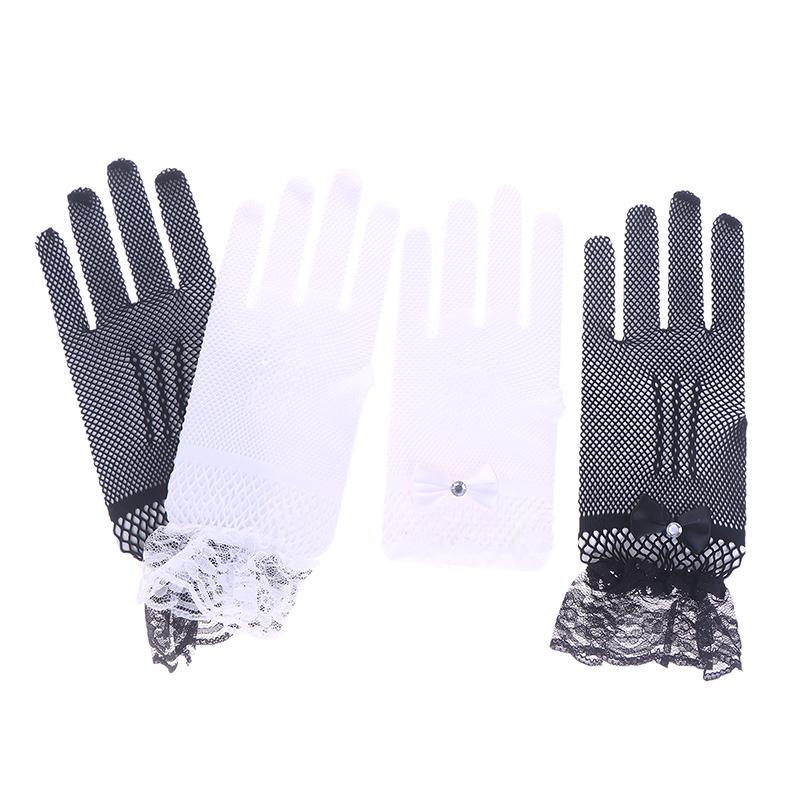 Elegant Short Lace Gloves for Women Sheer Fishnet Prom Party Fashionable Solid Color Full-Finger Mittens
