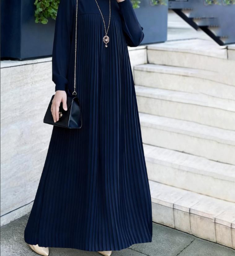 Spring and Autumn Women's Dress Plus Size Temperament Elegant Pleated Dress Solid Color Round Neck Long Sleeve Pleated Dresses