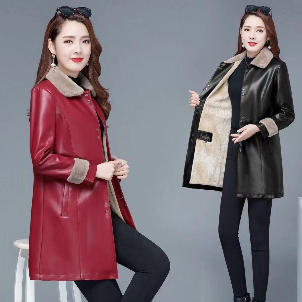 Mittellange Damen-Lederjacke mit Plüsch und verdickter neuer Winterjacke aus PU-Leder, modische, übergroße Damenbekleidung für Mütter
