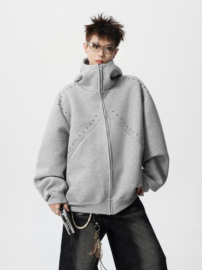Unisex Heavyweight Rivet Hoodie Cardigan - Autumn/Winter 2025 Trendy Loose-Fit Jacket