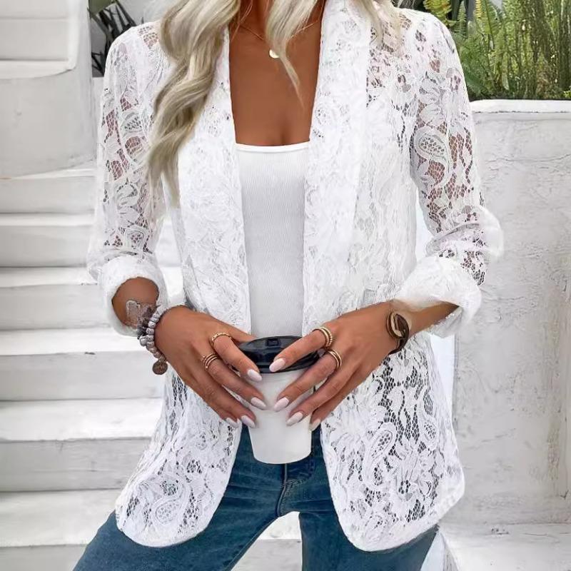 Spring Summer Fashion Lace Women Shirt Jacket Solid Color Loose Elegant Hollow Out Thin See Through Office Blouse Short Coats Female Casual Clothing