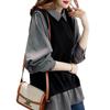 Long Sleeve Shirt with Contrast Dole Collar and Check Layered Faux Loose Perfect for Everyday and Winter [JLBOCMGT] Women's Blouse, Pattern, Look,