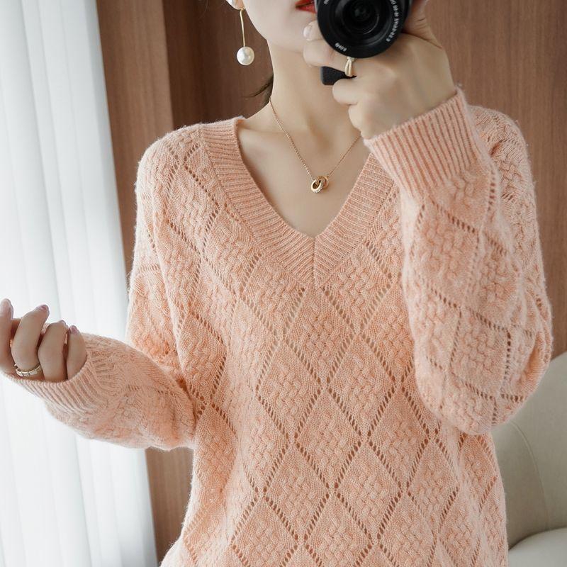 V-neck Knitted Sweater with Versatile Hollow Out and Loose Diamond Shape Women's Base Sweater for Autumn and Winter