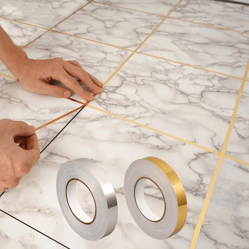 1 Roll Brushed Golden Silvery Floor Edging,Waterproof Seam Wall Stickers, Self-Adhesive Resin Tile Tape,Shimmery Finish for Home Decoration