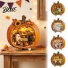 Handmade Wooden Halloween Art Ghost Pumpkin Tabletop Sign House with Mini Tiered Stacked Crafts Scene Fall Harvest Desktop Ornament for Home Office