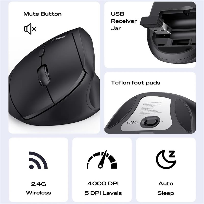 MEIZU Mblue M206 Pro 2.4G Wireless Mouse Vertical Silent Mouse 4000DPI 580mAh Mouse for MacBook for Windows White