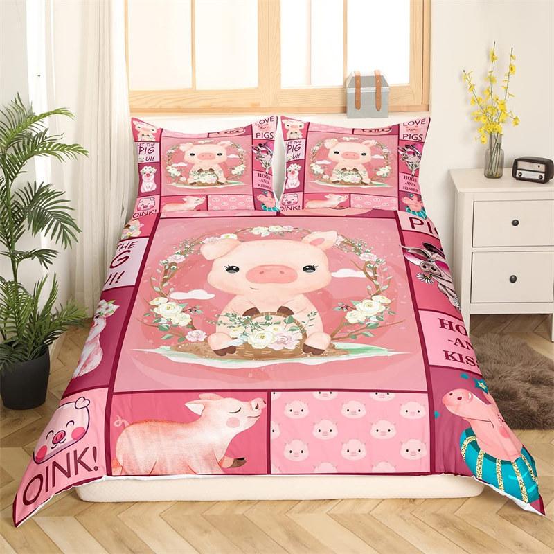 Pig Duvet Cover Kawaii Animals Bedding Set King Microfiber Farmhouse Wildlife Theme Comforter Cover Pillowcases Cartoon Lovely
