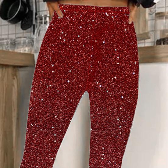 Women Cropped Pants Elastic High Waist Skinny Fit Shiny Sequins Pants Vacation Travel Work Casual Pants