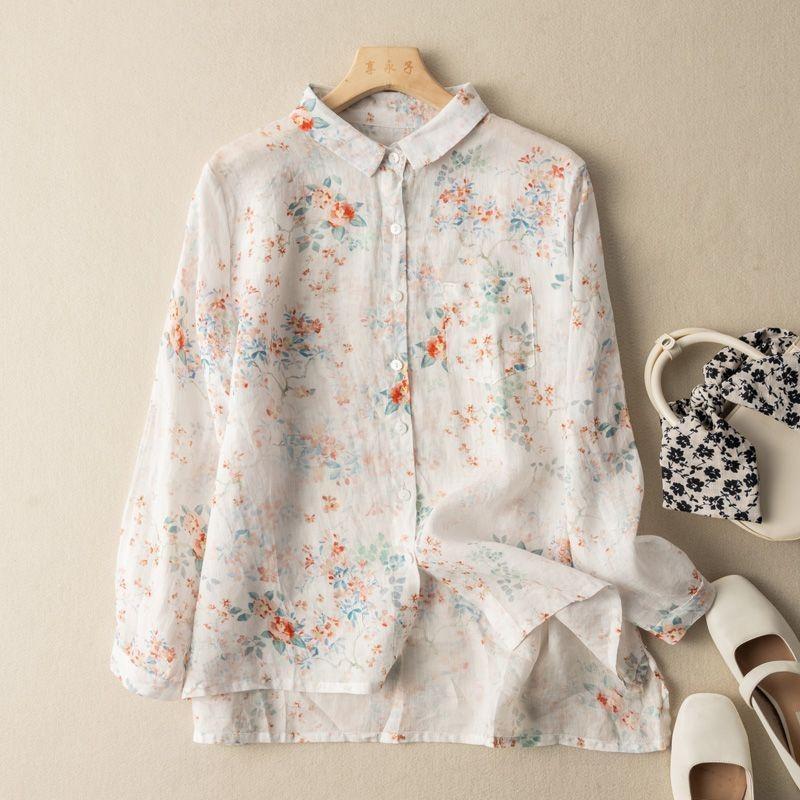 Modisches Oberteil im chinesischen Stil aus Baumwolle und Leinen, bedrucktes Hemd, Retro, lange Ärmel, floral, Temperament, vielseitige Strickjacke