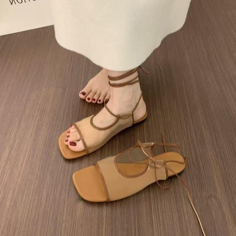 Fashion French Niche Open-toe Flat Breathable Mesh Sandals for Women's Summer 2025 New Lace-up Casual Beach Roman Shoes