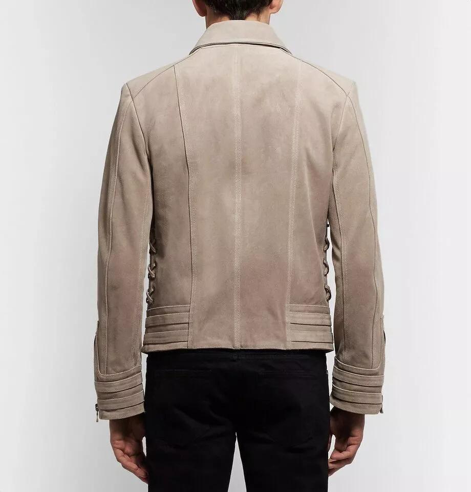 Beige Genuine Handmade Motorcycle Leather Jacket Biker Zip Lambskin Suede Men's