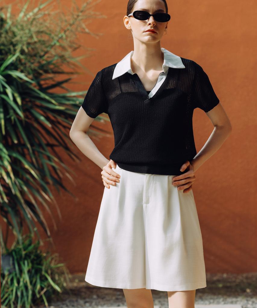 OBER GOLF Linen Combination Mesh Knit Top (Black)