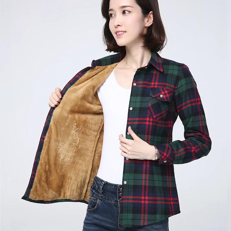 Winter Dames Warme Plaid Shirt Jas Casual Fleece Fluweel Plus Dikke Tops Merk College Stijl Dameskleding Bovenkleding