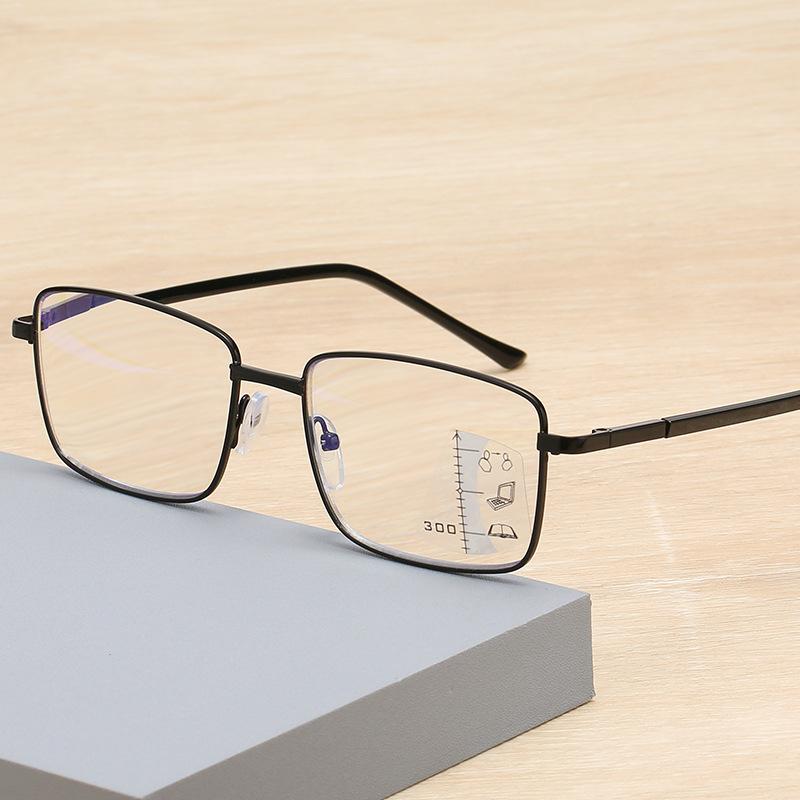 Full Frame Multi Focus Reading Glasses with Anti Blue Light Men's Auto Zoom Far and Near Dual-use Glasses with Spring Temple