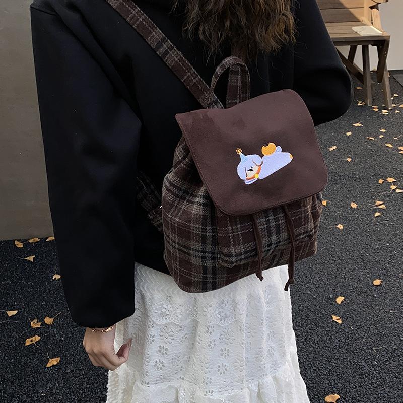 Schoolbag Backpack Women's Retro Woolen Plaid Small Backpack 1011 New Trendy College Style Cute Commuter Small School Bag