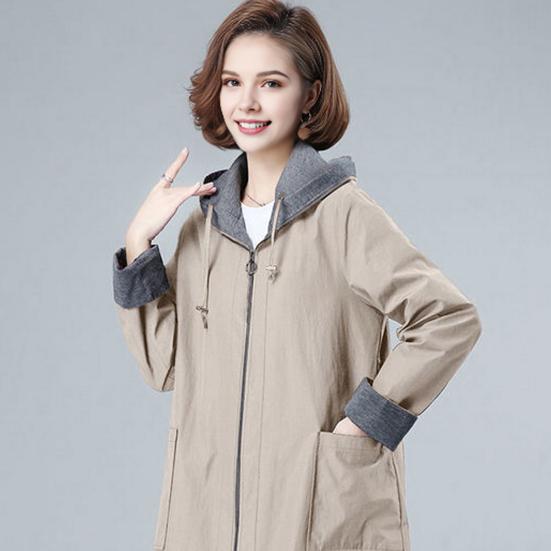 Spring Fall Women Jacket Hooded Long Sleeves Drawstring Plus Size Pockets Zipper Closure Windbreaker Mid Length Solid Color Big Pockets Windproof Warm
