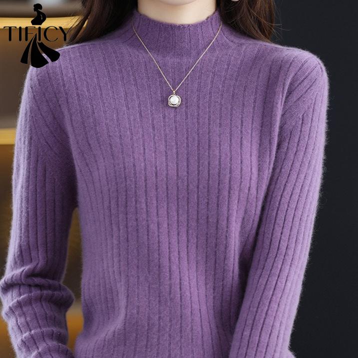 TIFICY Women's Fashion Casual Fall Winter Solid Color Print Long Sleeve Half Turtleneck Tops Women's Clothing Woolen Knitwear Sweaters