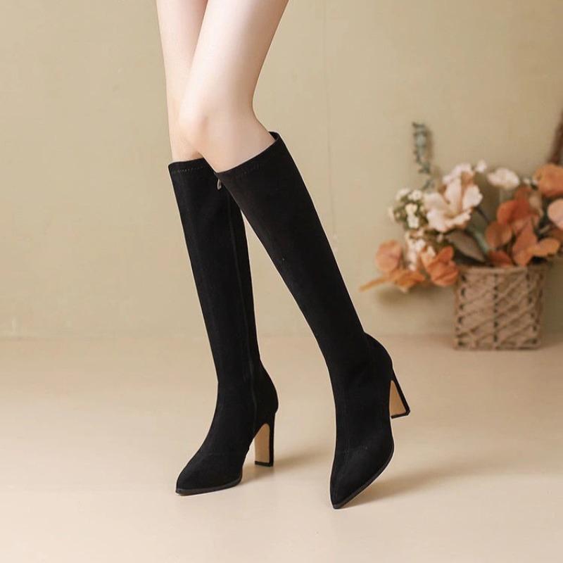 High Heeled Women Boots Knee High Boots High Quality Fashion Pointed Toe Side Zipper Suede High-heeled Women's Boots Botas Mujer