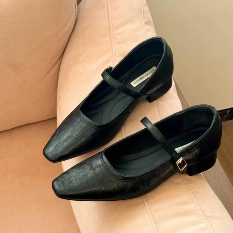Mary Jane viengubi bateliai storais kulnais, elegantiški klasikiniai retro stiliaus bateliai kvadratine nosele, patogūs minkšti, negilūs, žemi moteriški bateliai