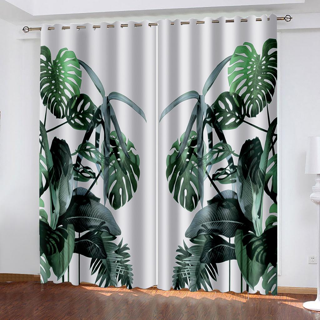 Tropical Leaf Printing Woven Curtains Two Separate Curtains On The Left and Right of The Bedroom  Blackout Curtains