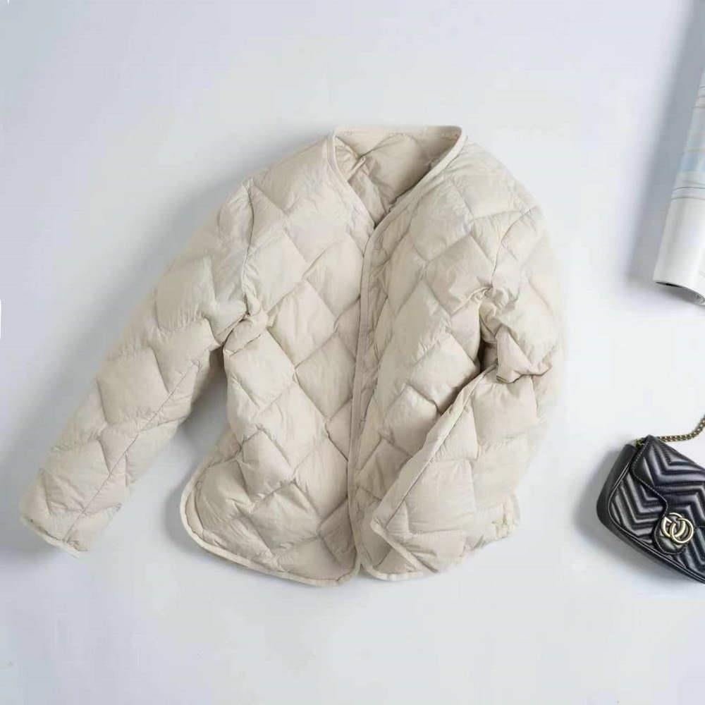 FASHION   New Down Jacket Women's Short V-Neck Large Size Casual Rhombus White Duck Down Warm Versatile Jacket Clothes