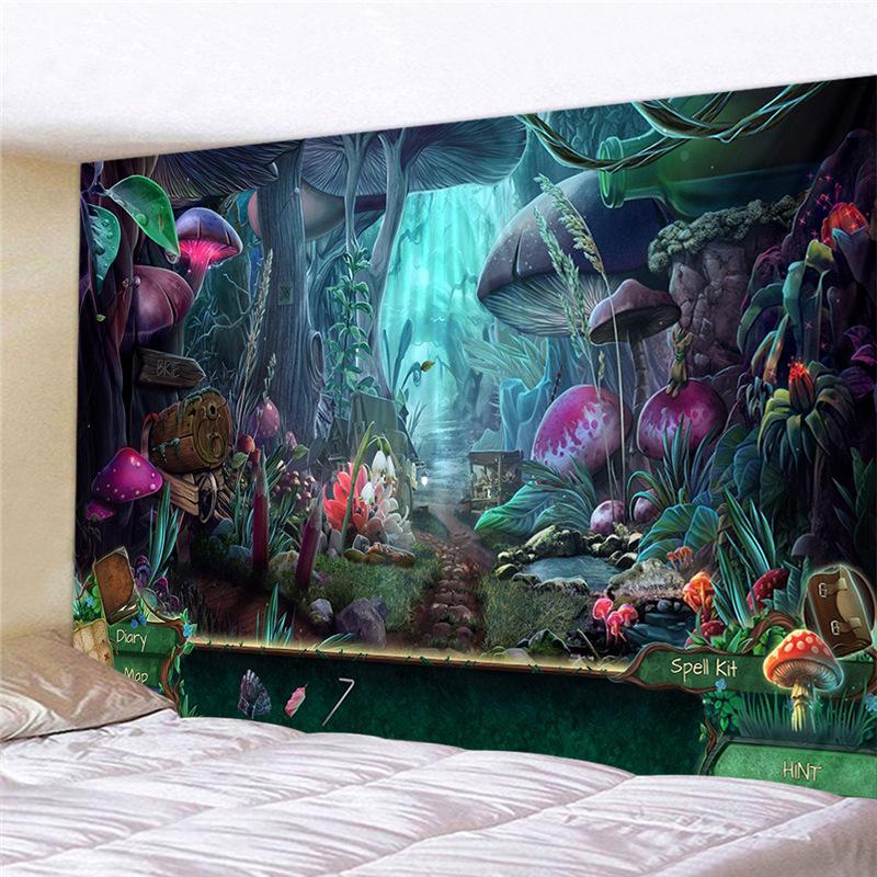 Paradies Wunderland Psychedelischer Wandteppich Riesenpilzhaus Böhmische Wohnkultur Groß