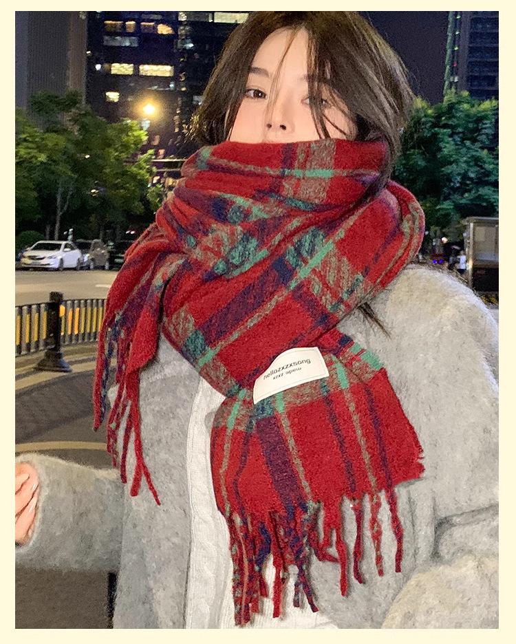 Women's Red Plaid Scarf Shawl - High-End Korean Style, Versatile, Warm, Imitation Cashmere