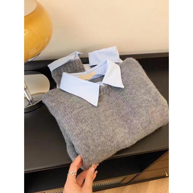 Fake Zweiteiliger Hemdkragen Pullover Damen Herbst und Winter Neu Innenschicht Lässiger Stil Kontrastrevers Grau Oberteil