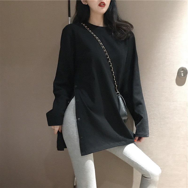 Mid-length Large-size Solid Color Long-sleeved T-shirt for Women In Autumn Loose Slit Base Shirt for Women In Autumn and Winter