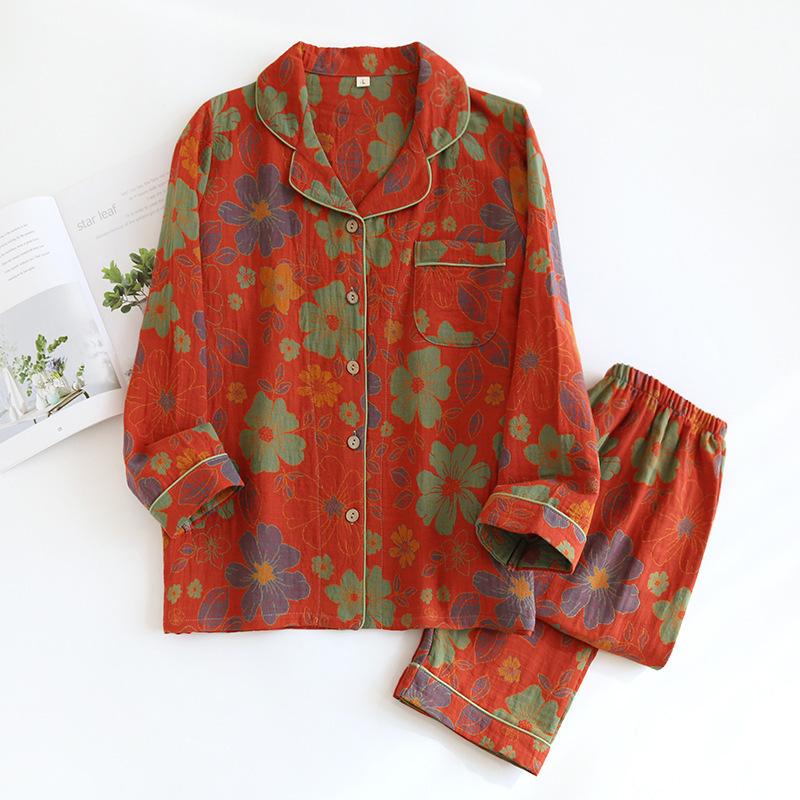Vintage Ladies Pajamas Cotton Long Sleeve Pants Sleepwear Lapel Cardigan Home Clothes Soft Daily Set Woman 2 Pieces