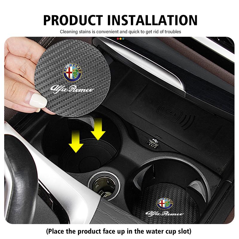 QTMYN1 2Pcs Car Coasters Water Cup Holder Pads Anti Slip Accessories For Alfa Romeo GT Stelvio F1 Brera Volante Tonale Gloria Disco