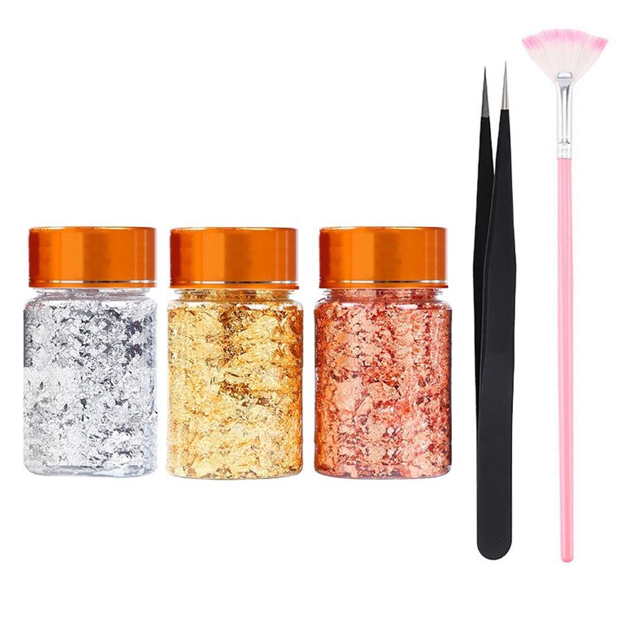 3 Stück Folienflocken mit Pinzette und Fächerpinsel, Nagelflocken in Metallic-Farben für Nagelkunst, Malerei, Basteln und Schmuckherstellung aus Kunstharz