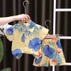 Children's Summer Full Print Leaf Flower Standing Neck Shirt Short Sleeve Set