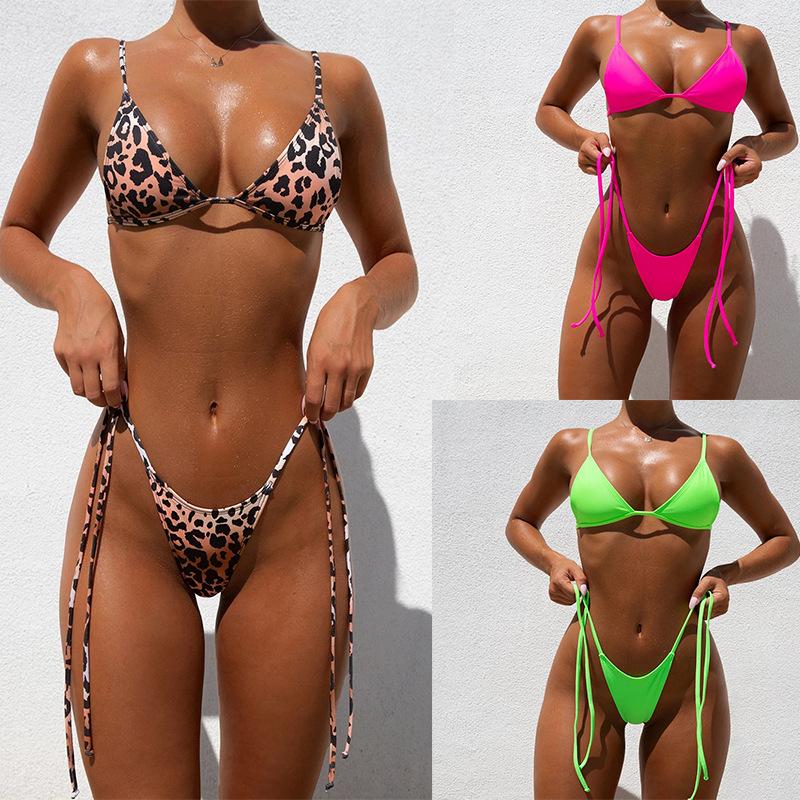 Kostium kąpielowy damski Solidne Bikini Sexy Side Tie Stringi Brazylijskie stroje kąpielowe Kostiumy kąpielowe